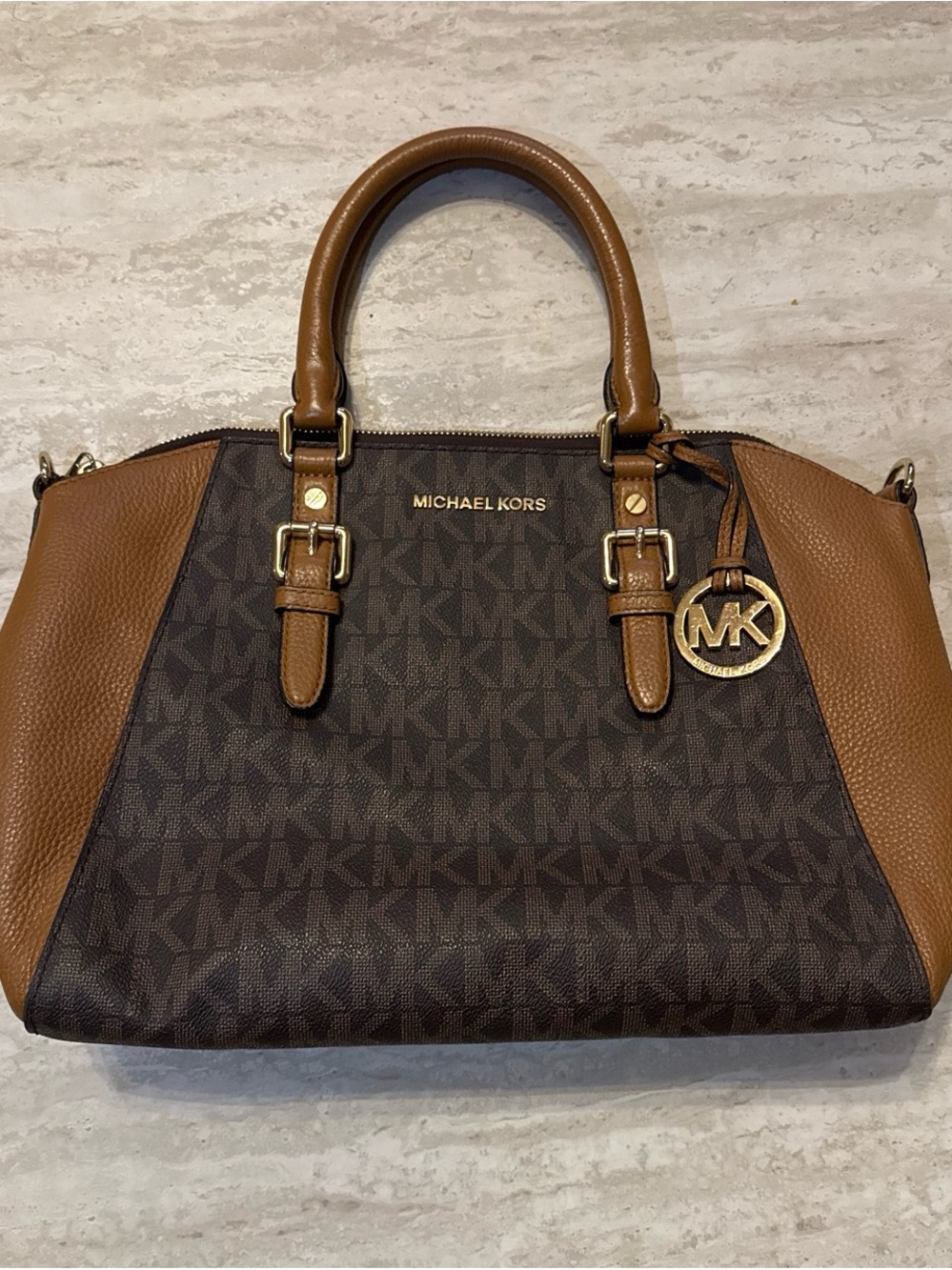 Michael Kors Brown and Tan Logo Dome Satchel with Gold Hardware